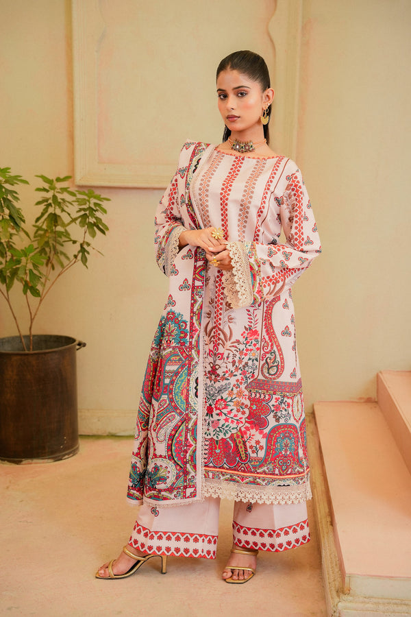 Ambi pink printed khaddar 3 piece suit, front view