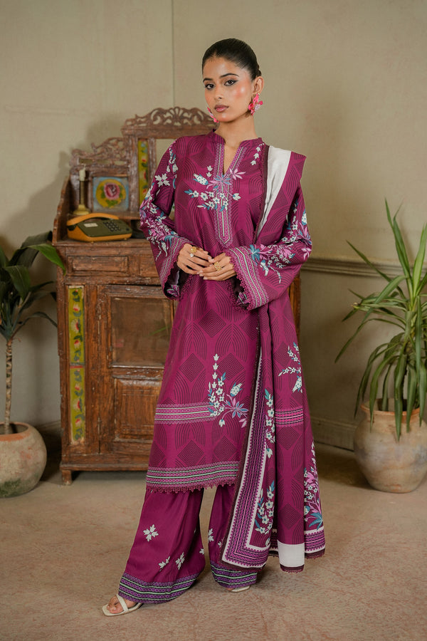 Jamun purple printed khaddar 3 piece suit, front view
