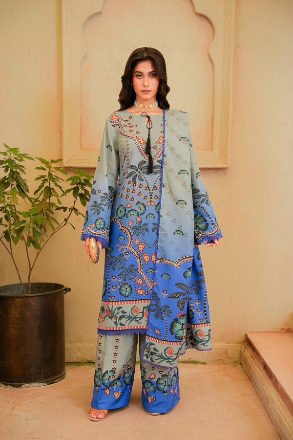 Nakhlistan blue ombre printed khaddar 3 piece suit, front view