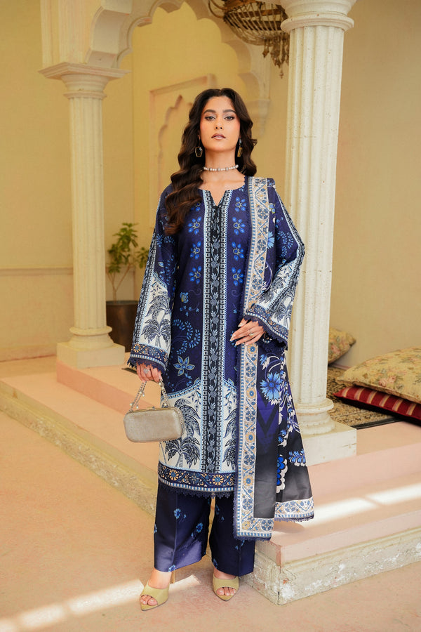 Neelgoon navy blue printed khaddar 3 piece suit, front view