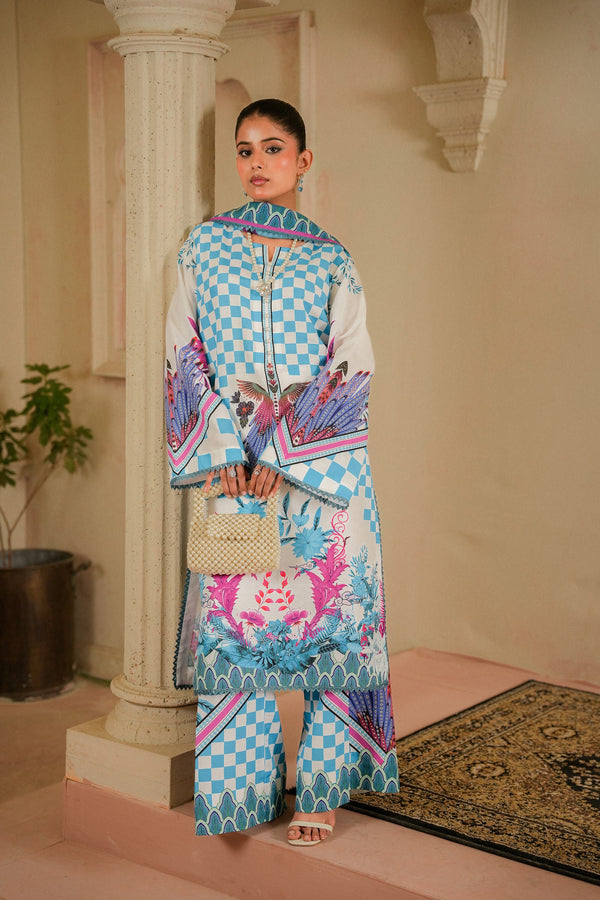 Parwaaz turquoise printed khaddar 3 piece suit, front view