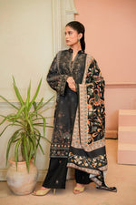 Zafraan black and rust printed khaddar 3 piece suit, front view