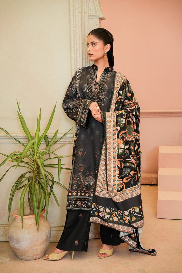Zafraan black and rust printed khaddar 3 piece suit, front view