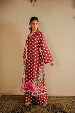 Bindiya maroon polka dot khaddar 3 piece suit, front view