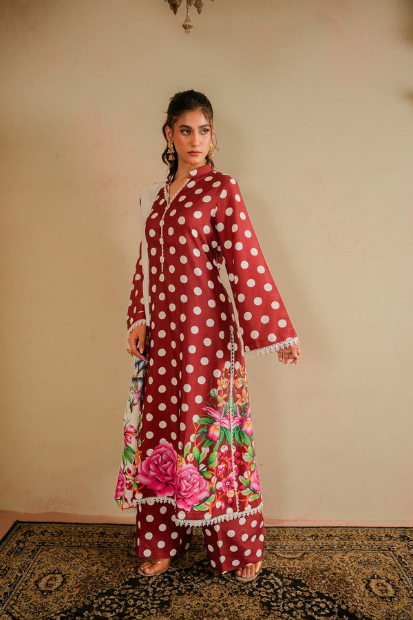 Bindiya maroon polka dot khaddar 3 piece suit, front view