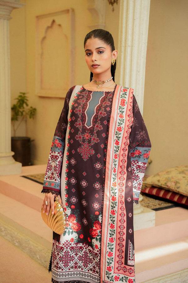 Sindhri brown printed khaddar 3 piece suit, front view