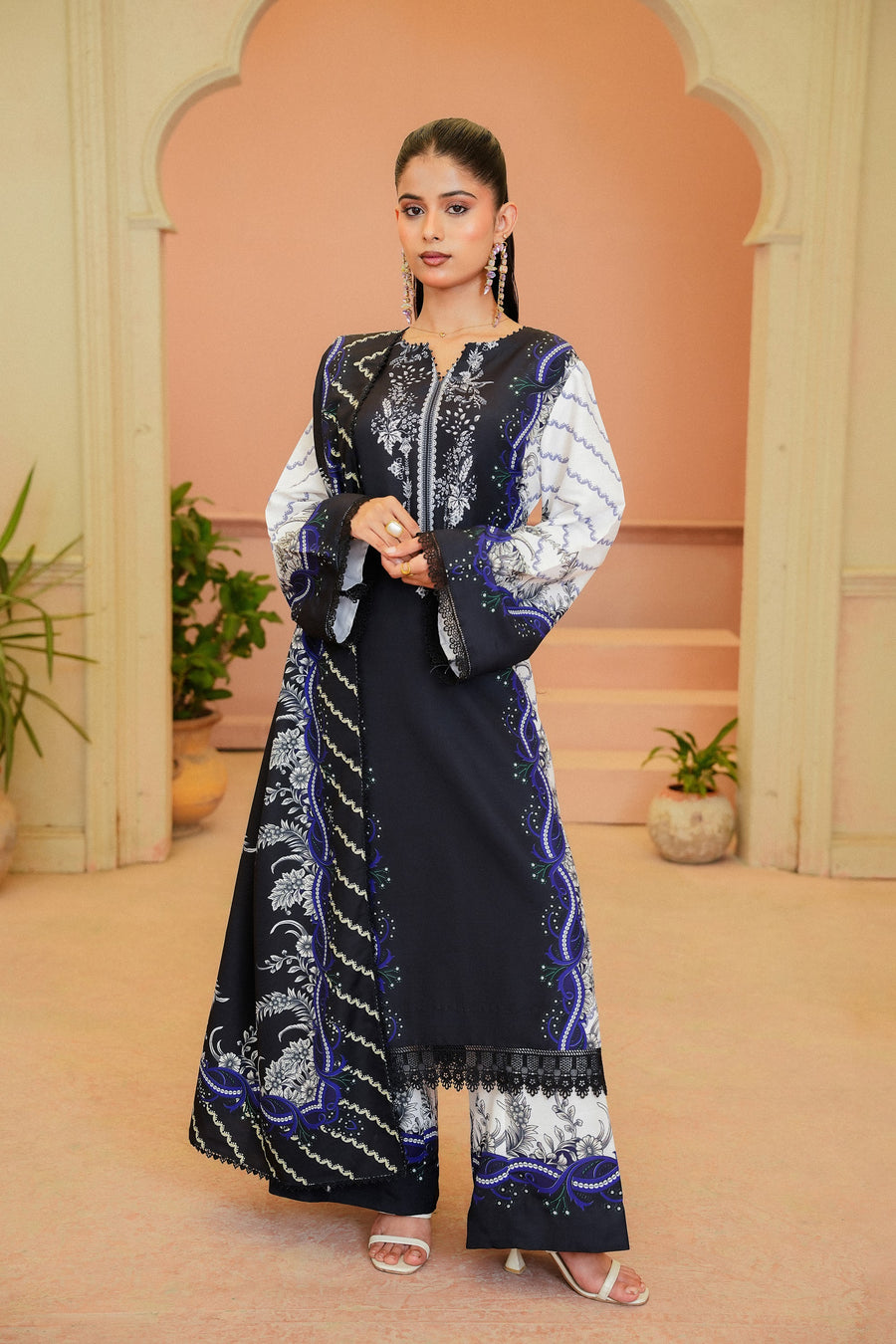 Lajward black, ivory and cobalt printed khaddar 3 piece suit, front view
