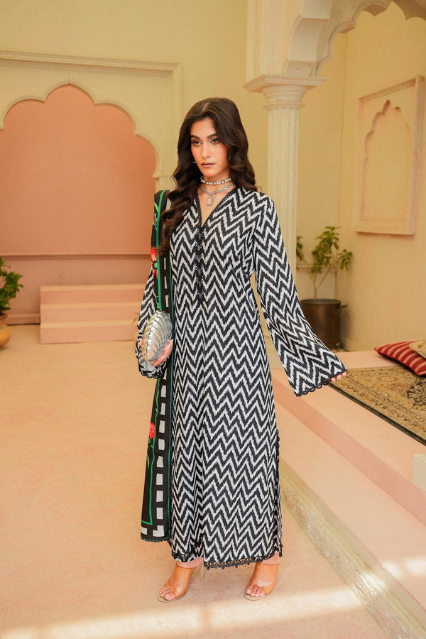 Lehar black and white chevron printed khaddar 3 piece suit, front view